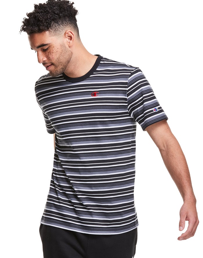 Champion Mens T-Shirt NZ - Yarn-Dye Stripe C Logo Black/Grey ( 6093-WJYAM )